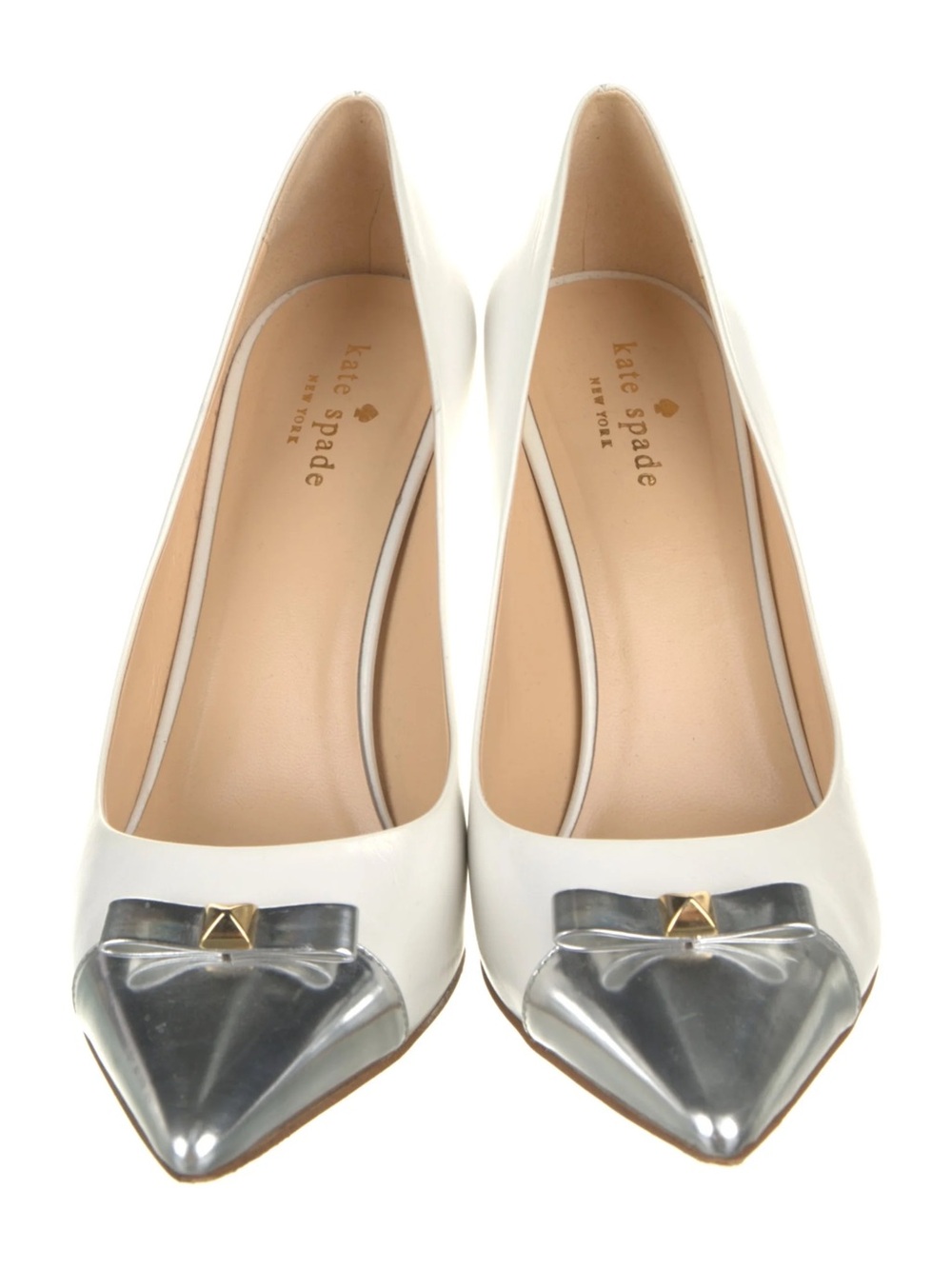 kate spade White Leather Pointed Toe Heels with Silver Cap and Bow